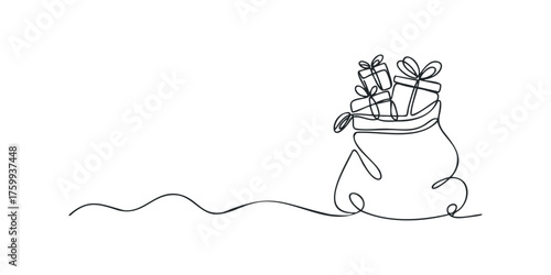 One line drawing of a gift bag overflowing with presents