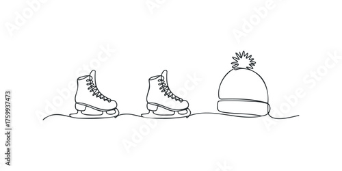 Continuous line drawing of ice skates and winter hat