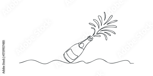 Single Line Drawing of Champagne Bottle Cork Popping
