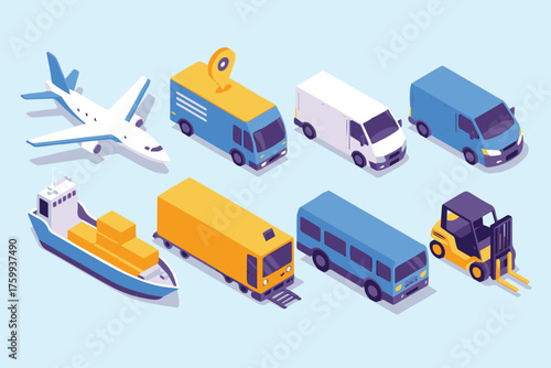 transportation fleet isometric vector pack airplane cargo ship delivery trucks vans bus forklift for shipping services