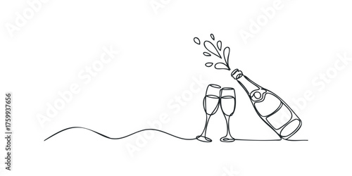Champagne bottle pouring into flutes with splashes