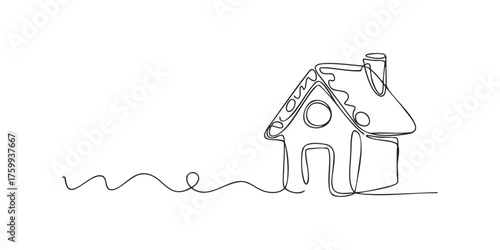 Single line drawing of a house with smoke from chimney