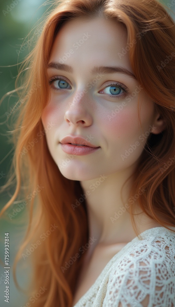 Naklejka premium Radiant young woman with flowing red hair and captivating blue eyes