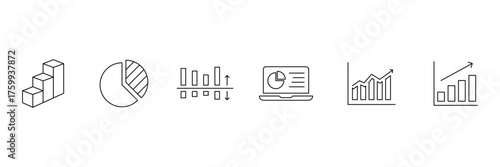Charts and graph web line icons. Set of outline icons related to graph, charts, candlesticks, bar charts, pie charts and others. Vector illustration. 