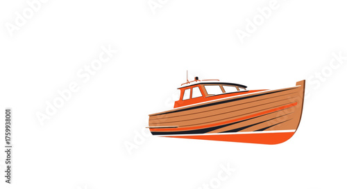Classic wooden motorboat illustration, a flat vector design representing the skilled craft of a shipwright, isolated on white background