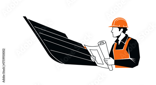A flat vector illustration of a shipwright engineer in a hard hat studying blueprints for a new boat hull, isolated on white background
