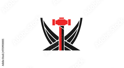 Stylized shipwright guild emblem with a red sledgehammer, a powerful industrial flat vector logo for craftsmanship, isolated on white background
