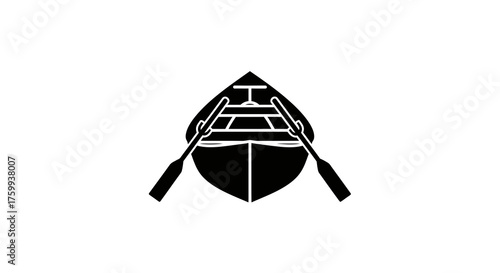 Symmetrical wooden rowboat with oars, a classic shipwright logo concept as a flat vector, isolated on white background