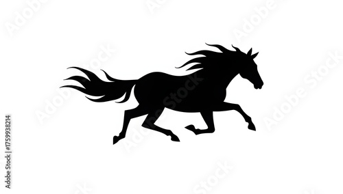 A minimalist black silhouette of a galloping horse, isolated on a white background. Simple and elegant.
