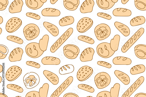 minimal line art bread pattern seamless repeat featuring baguettes loaves rolls bagels perfect for bakery packaging design
