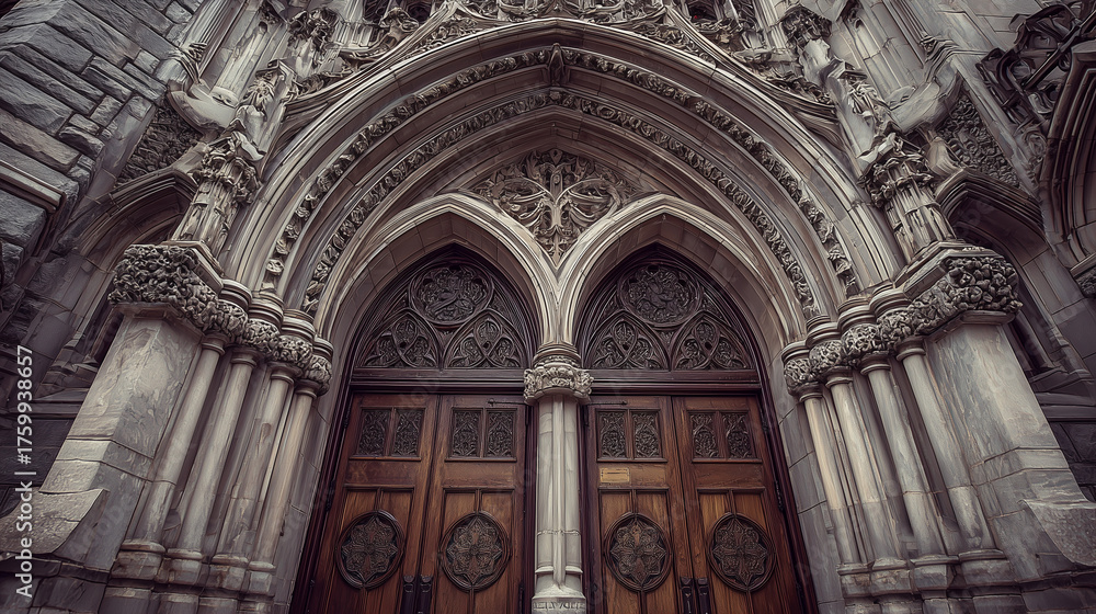 Fototapeta premium Close-up of castle gates with intricate gothic carvings