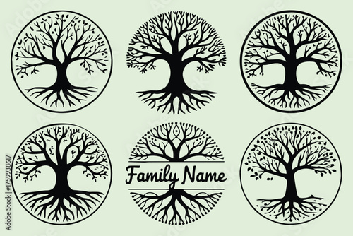 stylized tree of life icons six circular family tree badges roots branches heritage genealogy vector set