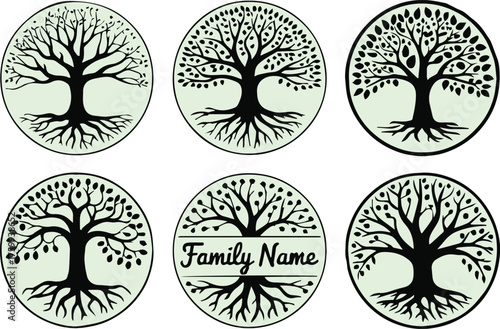 elegant tree of life family emblem set with roots branches circular silhouettes customizable family name