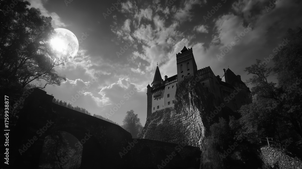 Fototapeta premium A full moon behind Draculaâs castle casting dramatic shadows