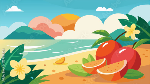 A gentle breeze carries the sweet scent of tropical fruits and flowers as you stroll along the sandy shores of the lagoon.