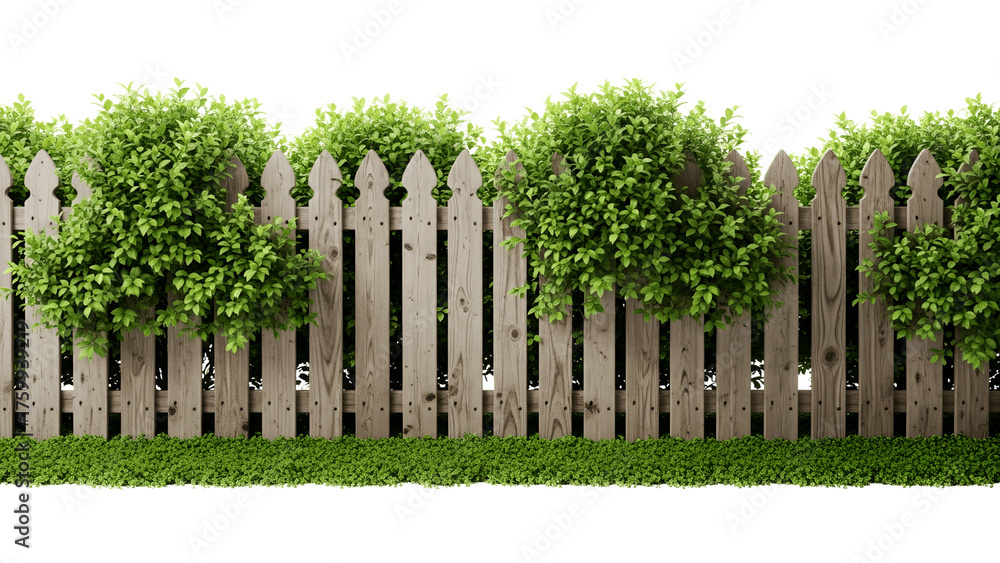 Fototapeta premium Wooden fence with green bushes isolated on transparent background