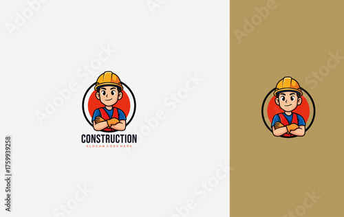 Construction Builder Cartoon Mascot Logo Design for  Company. Vector illustration, isolated design template