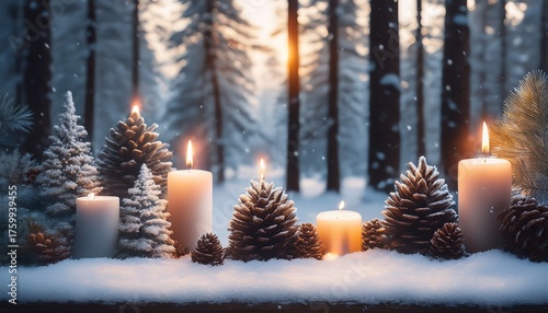 Winter Forest With Christmas Trees Snow Covered Pinecones And Candles Serene Candles