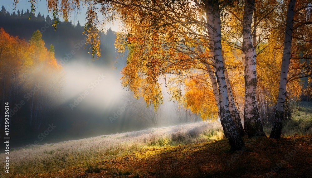 Fototapeta premium Autumnal Birch Canopy Sways In Ethereal Mist Shrouded Glen With Palette Knife Chiaroscuro Lighting