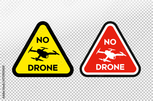 Set of warning sign no drones, yellow and red warning sign about no fly zone for quadcopters. Caution, no drone zone sign vector illustration on a white transparent background.