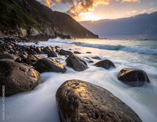 sunset on the rocky coast