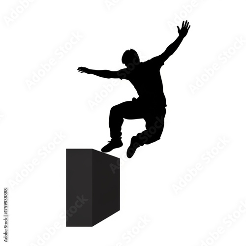 Dynamic silhouette of athletic man jumping off a cube in a bold, minimalist style, conveying energy, action, and freedom in sports, urban lifestyle, or fitness contexts. 