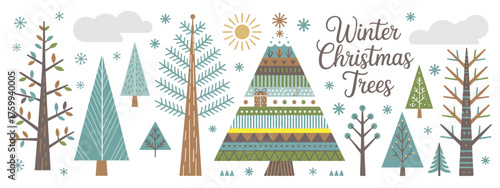 Winter Scene Vector Collection Featuring Christmas Tree, Snowflakes, Bushes, Sun, Clouds, Dog, and Gifts Ideal for Festive Holiday Cards and Seasonal Illustrations