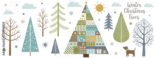 Winter Scene Vector Collection Featuring Christmas Tree, Snowflakes, Bushes, Sun, Clouds, Dog, and Gifts Ideal for Festive Holiday Cards and Seasonal Illustrations