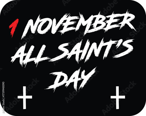 November 1 All Saints’ Day Typography Poster | Christian Holiday Black Background with Cross Symbol | Modern Religious Faith Vector Design