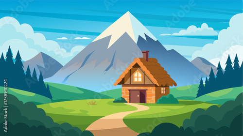 A quaint cottage with a thatched roof nestled in a valley surrounded by majestic mountains.