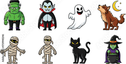 Cute Halloween Monsters: Frankenstein, Vampire, Ghost, Werewolf, Mummy, Cat, Witch,  llustrations set isolated on white background, png, 
