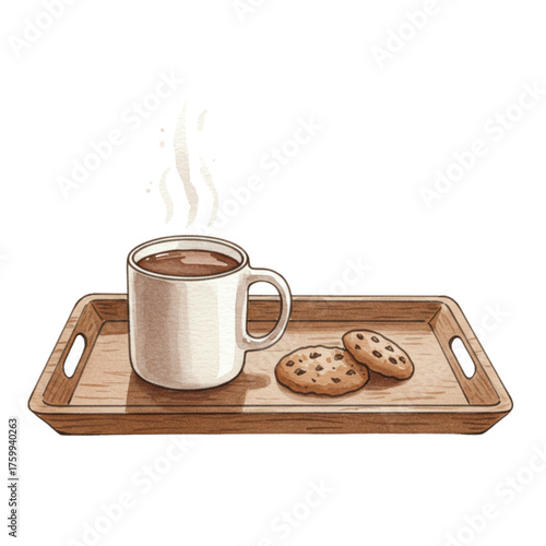 Watercolor Hot Chocolate Mug with Cookies on Wooden Tray – Cozy Winter Drink and Dessert Illustration for Kitchen Decor, Holiday Cards, Stickers, Invitations & Crafts