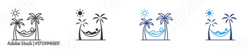 Beach icon set, relaxing in hammocks under the sun with palm trees icon, vector illustration .  
