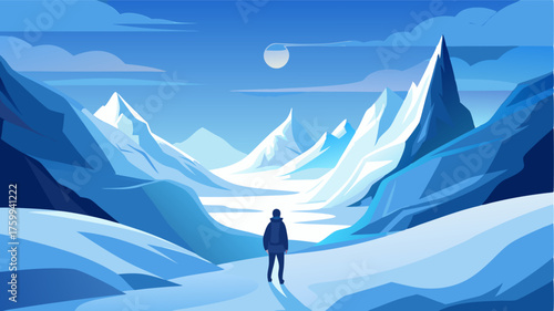 Amidst the snowy valley a lone figure stands atop a hill taking in the breathtaking view of the frozen landscape.