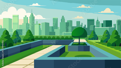 A modern marvel this rooftop garden features sleek and minimalist design with trimmed hedges and sculptural topiaries lining the pathways. The city skyline adds a touch of urban