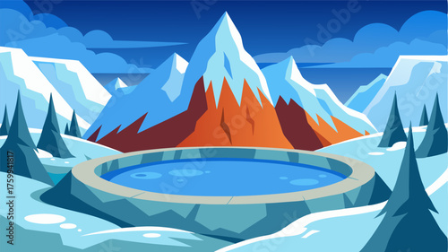A natural hot spring nestled in a snowy mountainscape creating a unique and aweinspiring contrast of warmth and cold.