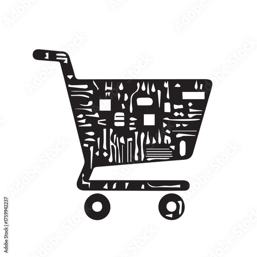 Electronic shopping cart icon representing digital commerce and online retail technology, symbolizing e-business growth and modern consumerism