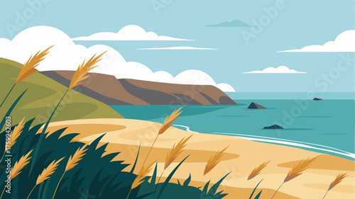 A quiet coastline with tall grasses swaying in the wind offering a serene and untouched landscape.