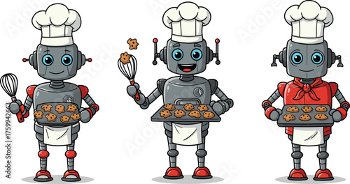 Cartoon chef robots, baking cookies, cute vector illustration, kitchen utensils, culinary theme, smiling characters, cooking scene, white background, playful design