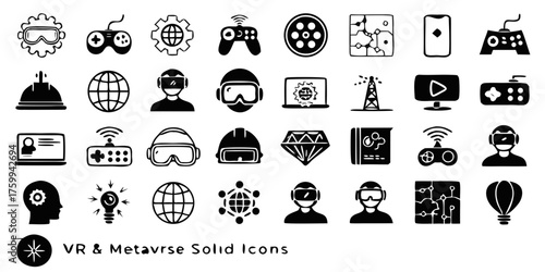 Vector illustration of virtual reality & metaverse solid icon set for web 