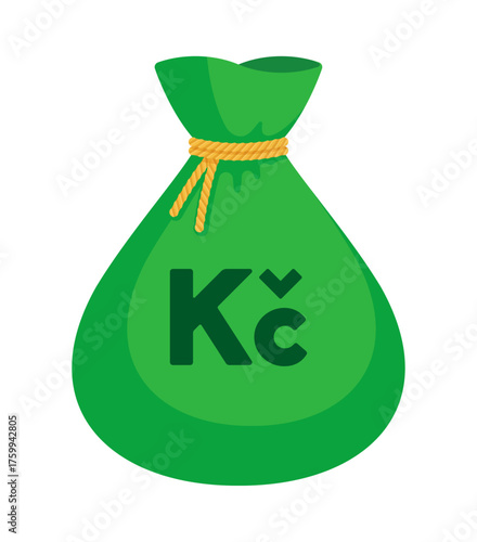 Green money bag with Czech koruna sign (Kč). Economy, finance, wealth, profit, income, banking, CZK currency concept. Flat vector illustration isolated on a white background	
