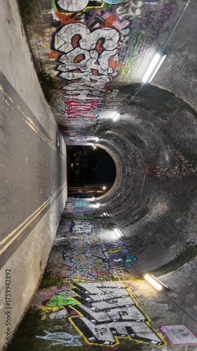 Night walk through an urban graffiti tunnel covered in colorful street art 360