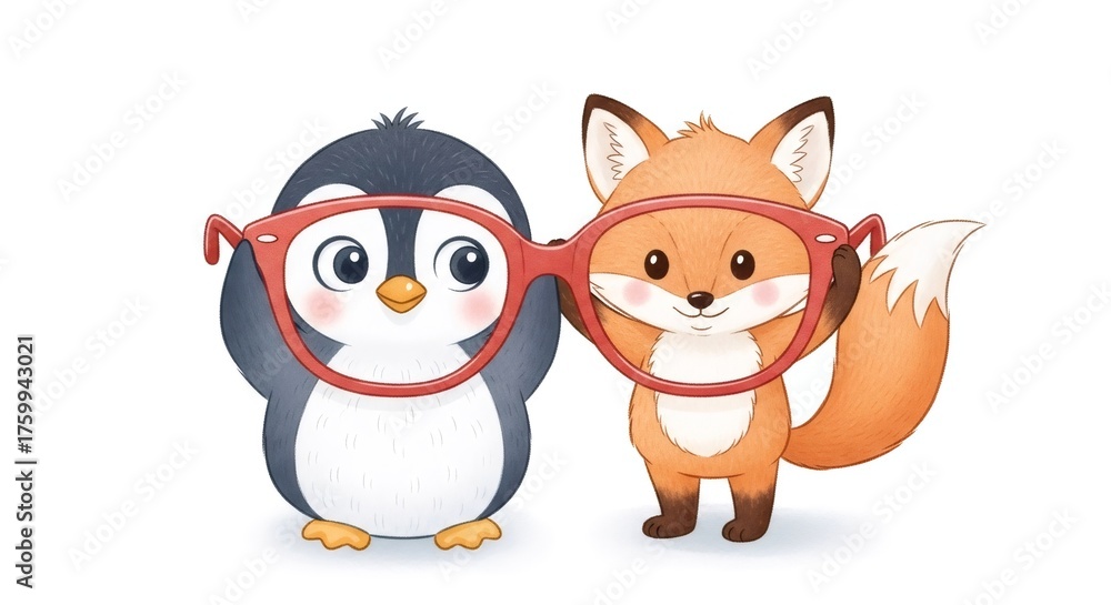 Obraz premium Cute cartoon penguin and fox holding large red glasses. Children's eye examinations. Vision correction and eye care for kid. Ophthalmology concept.