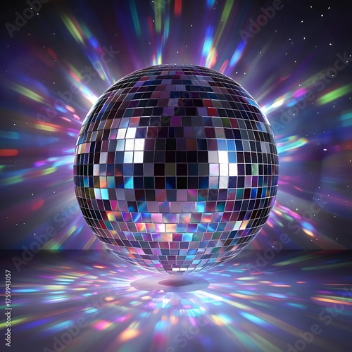 Shiny disco ball reflecting colorful lights in dark background  