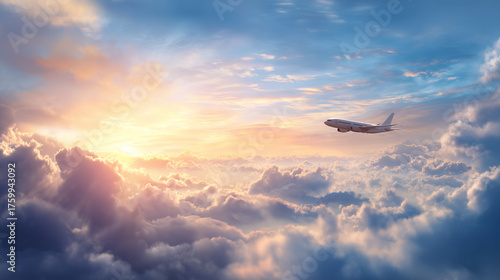 airplane flying in the sky with beautiful clouds at sunset.