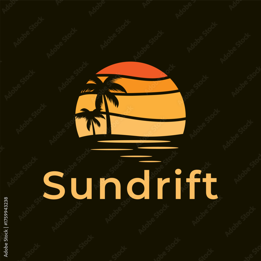 Naklejka premium sunset palm coconut tree on beach Orange sunset vector logo design, 