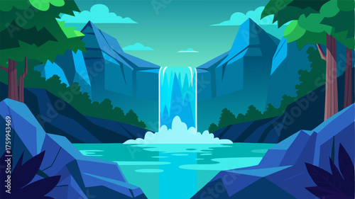 A hidden waterfall tumbles down into a secret lagoon its crystalclear waters a stark contrast to the deep blues and greens of the surrounding forest.