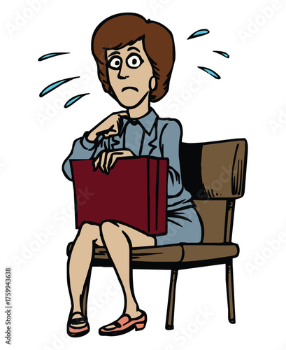 Vector art of anxious woman in business attire sitting on a chair with a briefcase, looking worried and sweating