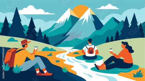 A group of hikers rests by the side of a mountain stream its gentle waters providing a refreshing respite from their journey through the rugged mountains.