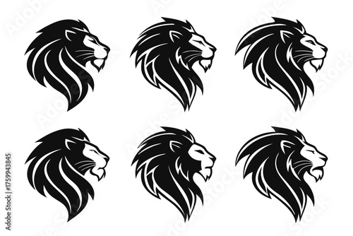 Minimalist lion head icon set in black and yellow